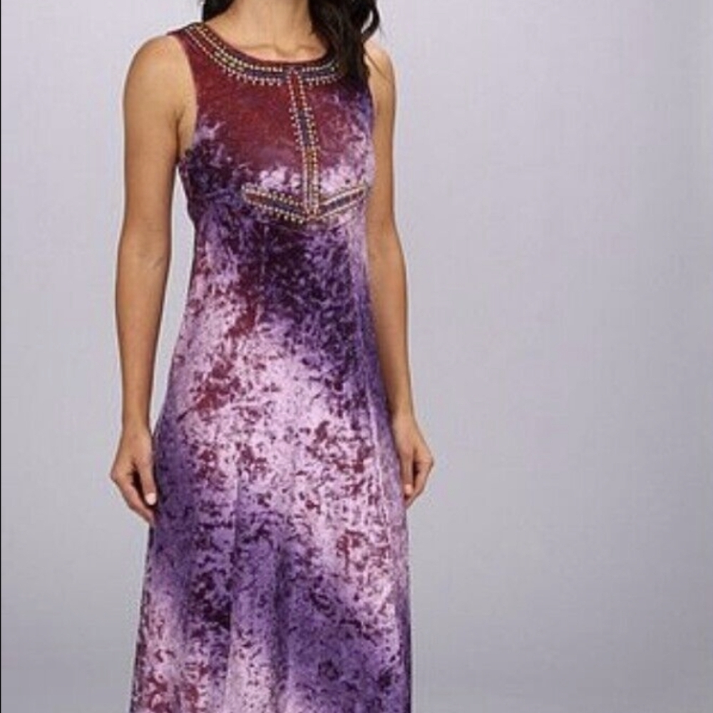 Free people purple velvet maxi dress neck embroidered boho style